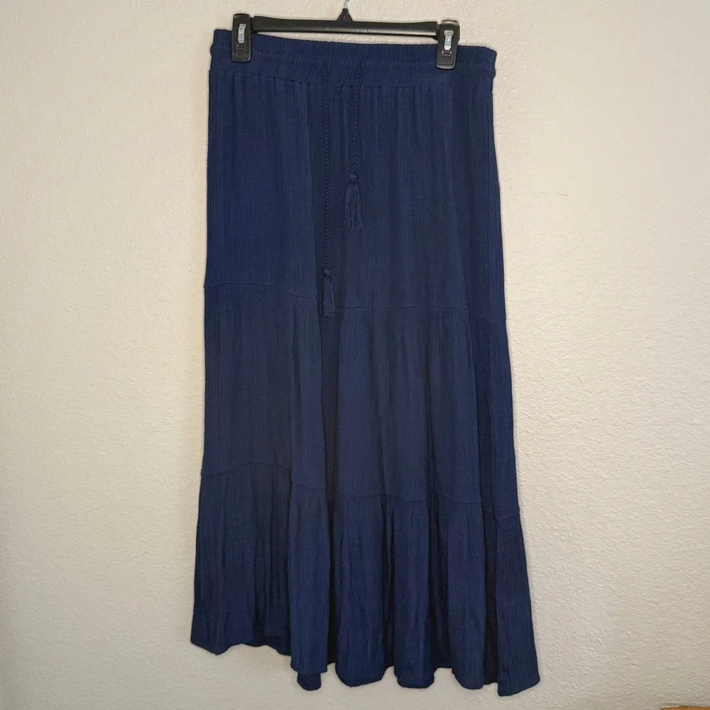 Cottage Coastal Boho Peasant Navy Tiered Maxi Skirt Gauze Tassel Size Medium